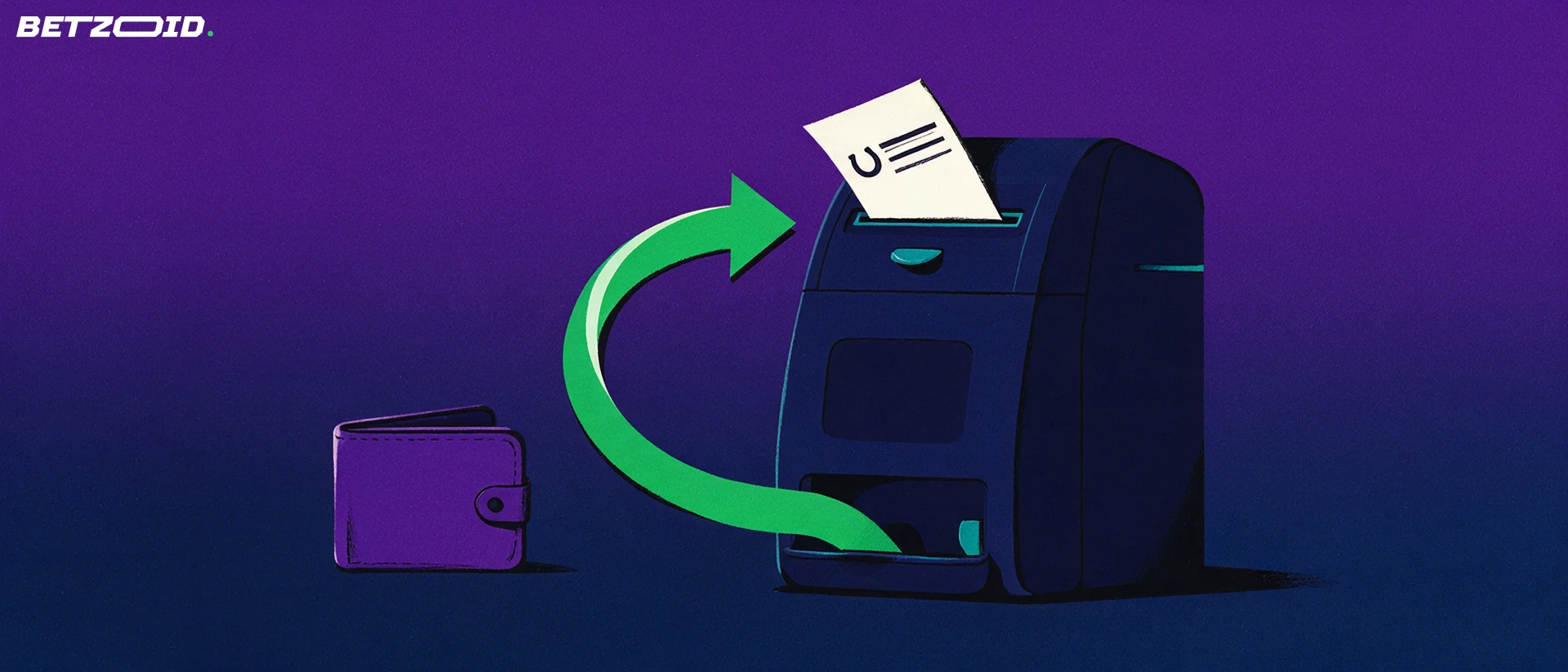 Illustration of a betting slip entering a payment terminal with a green arrow curving out toward a wallet