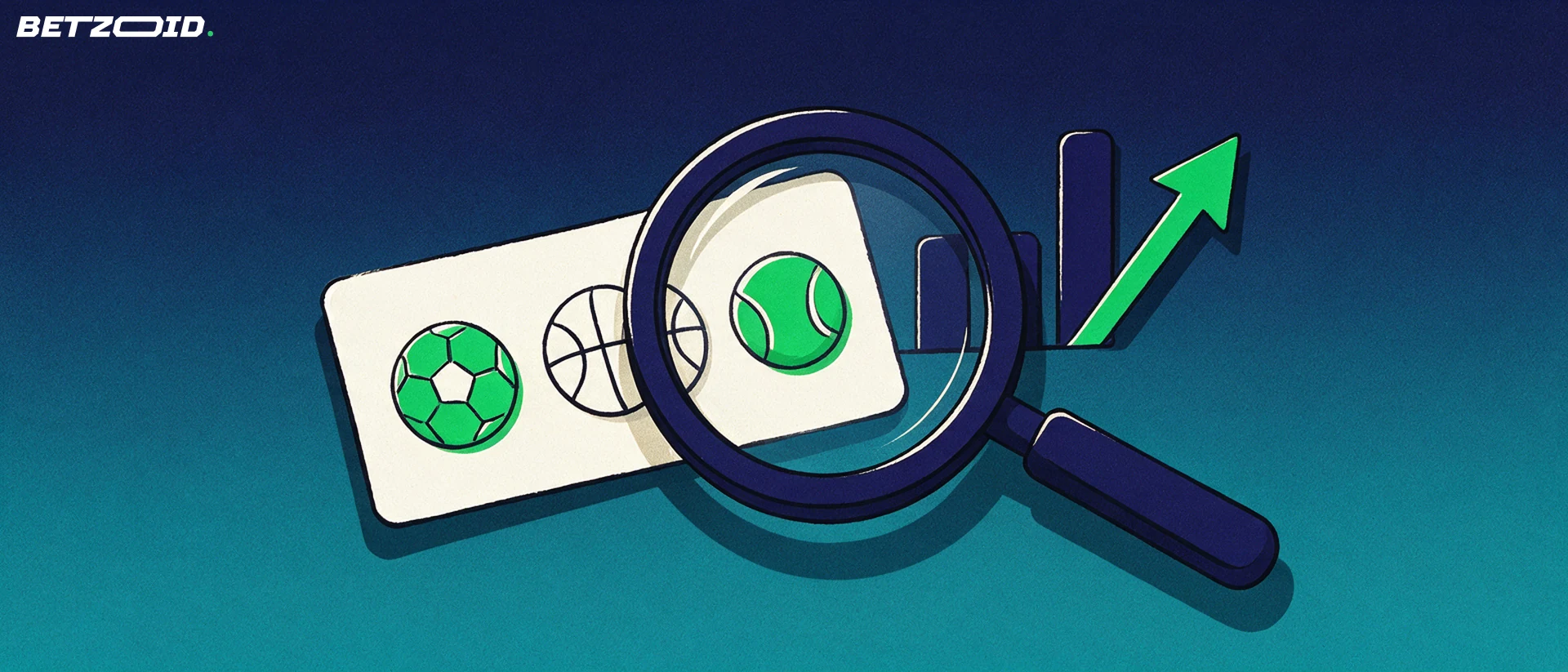 Illustration of a magnifying glass enlarging football, basketball and tennis symbols on a betting slip beside a small rising chart