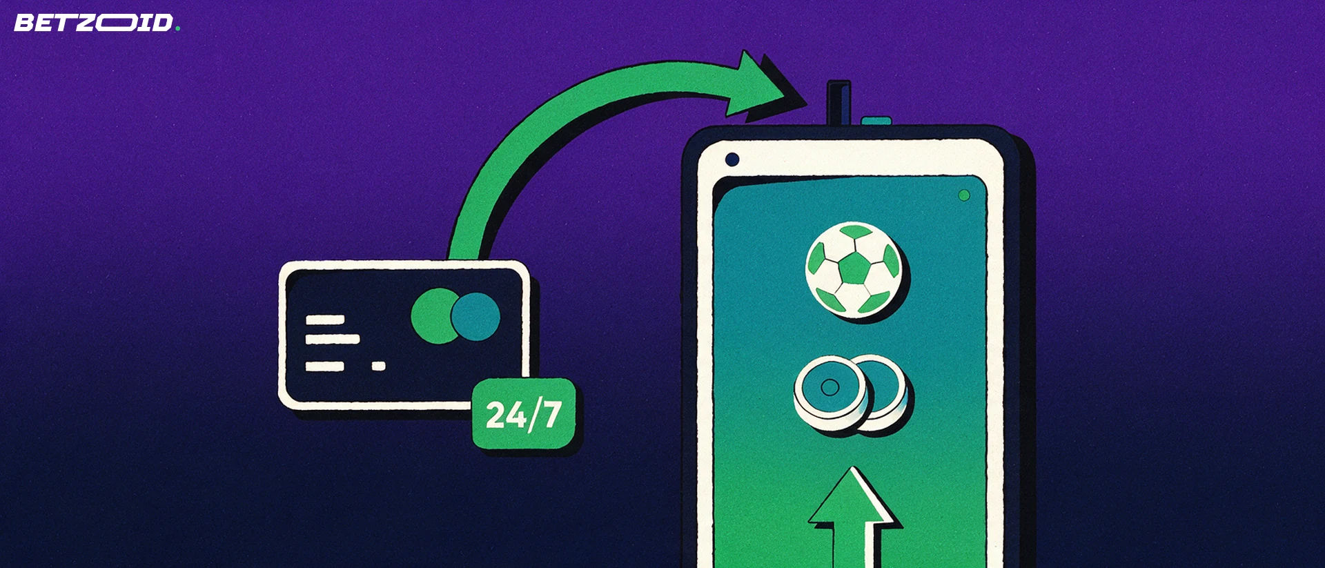 Illustration of a smartphone with sport and coin icons receiving a curved arrow from a bank card, with a small round-the-clock badge
