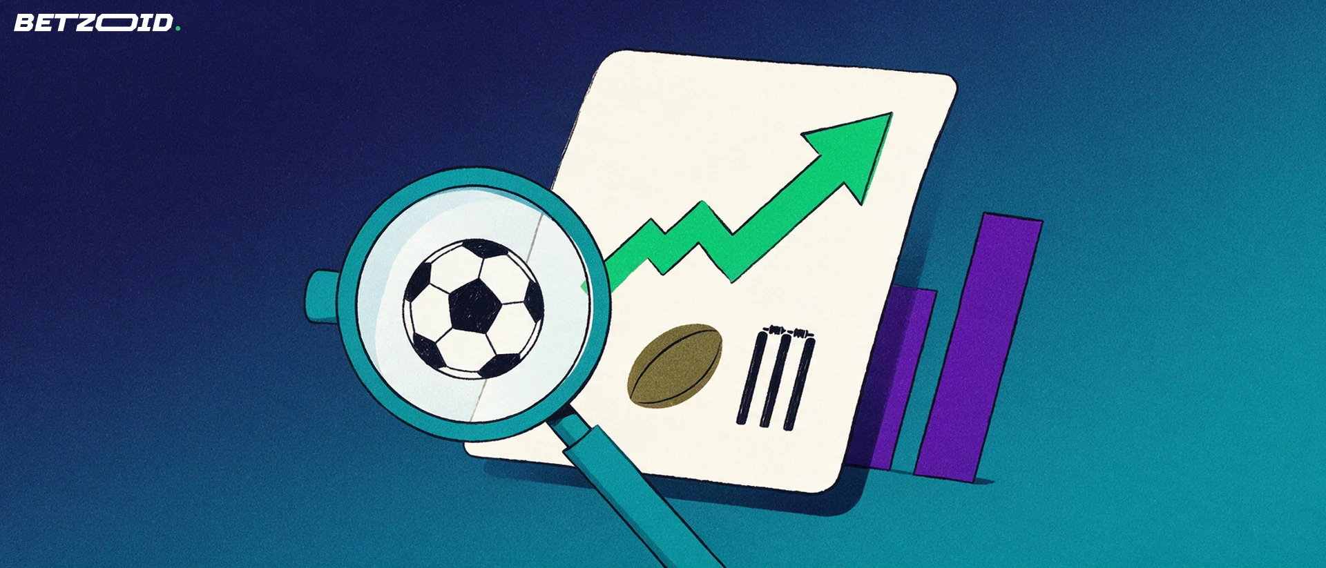 Illustration of a large sports bet slip with football, rugby and cricket symbols, a rising green arrow and a magnifying glass inspecting it.