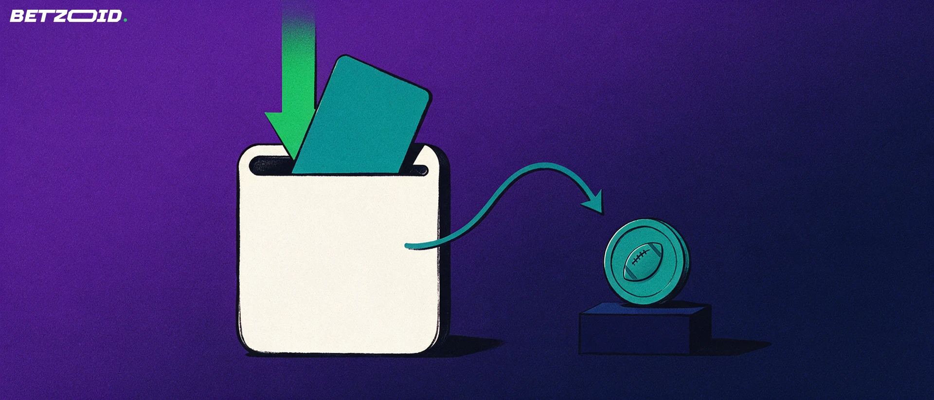 Illustration of a card entering a wallet with green deposit and teal withdrawal arrows beside a token marked with a football.
