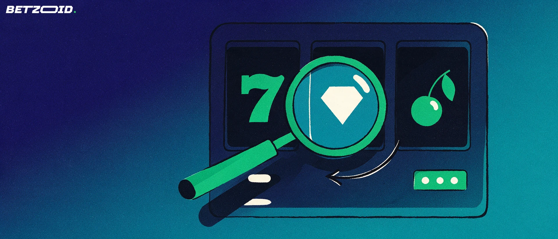 Illustration of a magnifying glass inspecting the symbol windows of a stylised slot machine panel