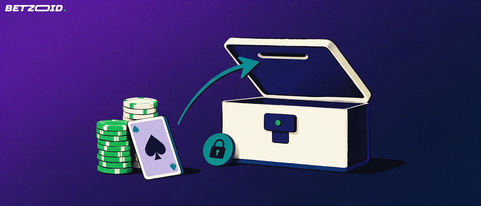 Illustration of casino chips and a playing card with an arrow curving into an open wallet-shaped strongbox