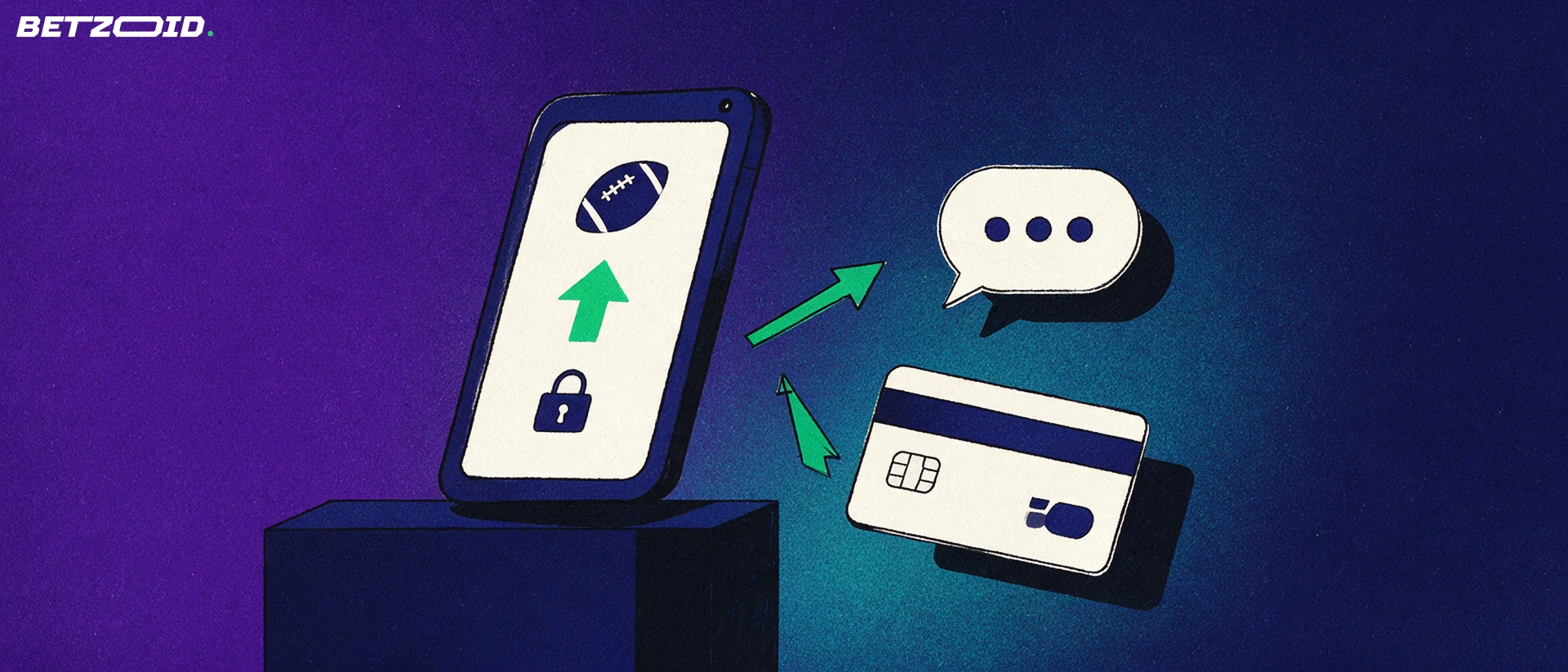 Illustration of a smartphone showing a football symbol and upward arrow, connected by arrows to a payment card and a support chat bubble.