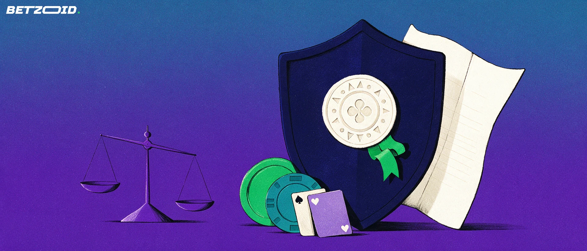 Illustration of a shield with an official seal and ribbon, a blank certificate, casino chips and playing cards representing casino licensing.