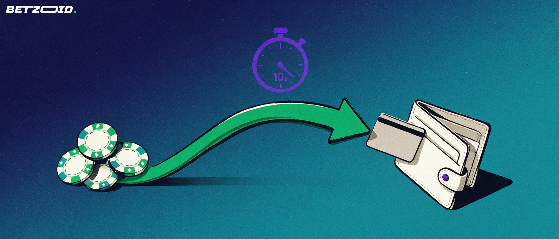 Illustration of casino chips flowing along a large green arrow into an open wallet with a plain payment card, beside a stopwatch.