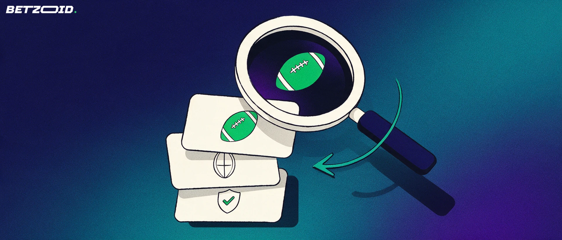 Illustration of a large magnifying glass examining a stack of cards marked with football, rugby and checkmark symbols