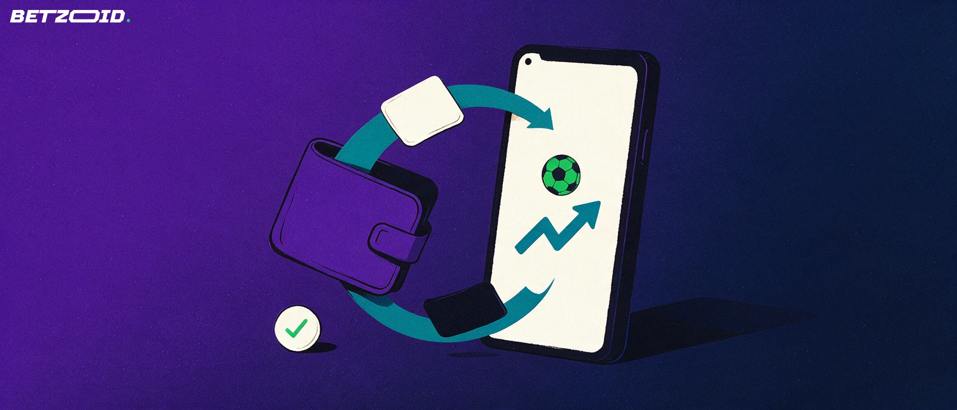 Illustration of a phone showing a football and arrow symbol connected by a curved arrow to an open wallet with payment cards