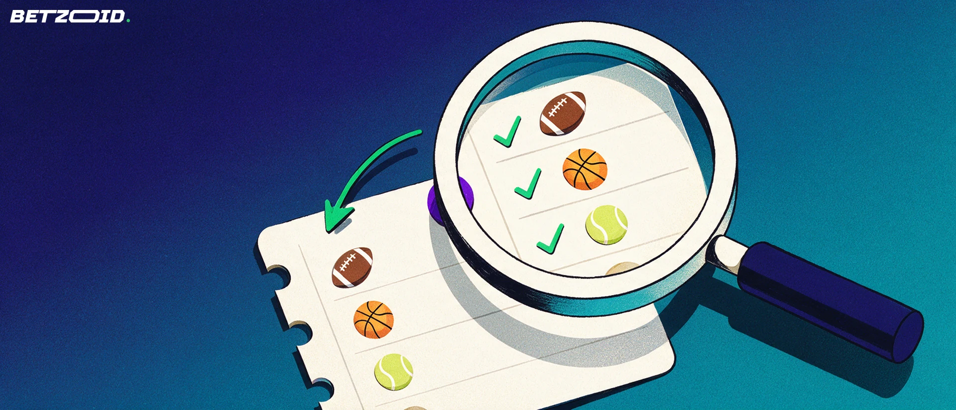 Illustration of a magnifying glass inspecting a betting slip showing football, basketball and tennis symbols with checkmarks