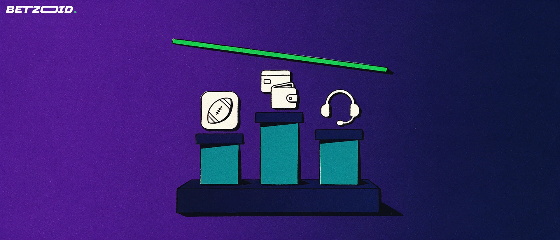 Illustration of three pillars topped with football, payment card and headset icons beneath a tilted balance bar