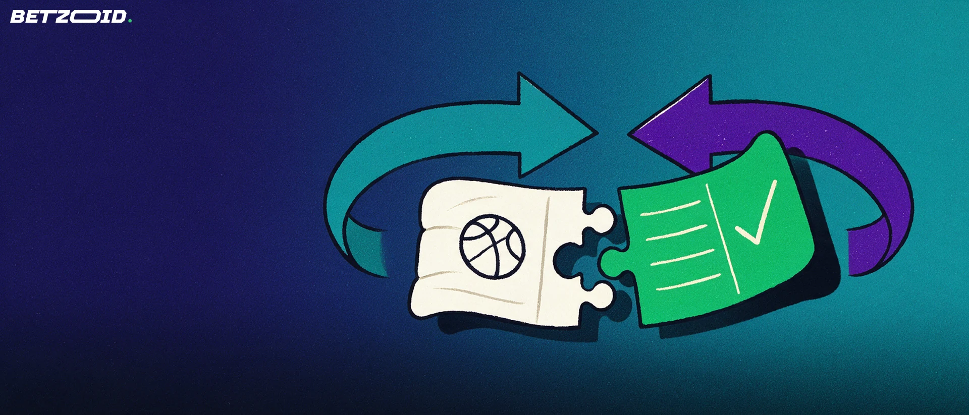 Illustration of two interlocking bet slips clicking together between opposing arrows, symbolising matched peer-to-peer sports bets.