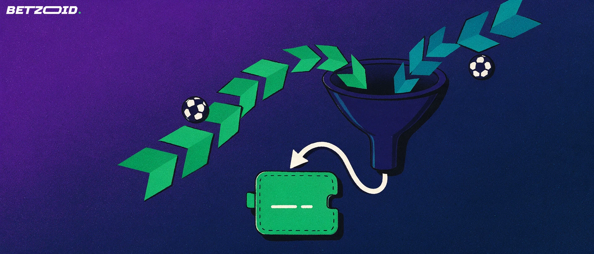 Illustration of two streams of arrows flowing into a funnel and out into a wallet card, representing pooled betting stakes being settled and paid out.