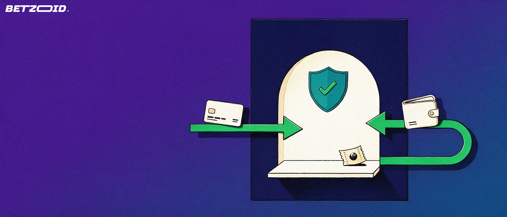Illustration of an arched betting counter window with a bank card entering, a wallet leaving on arrows and a shield with a checkmark above