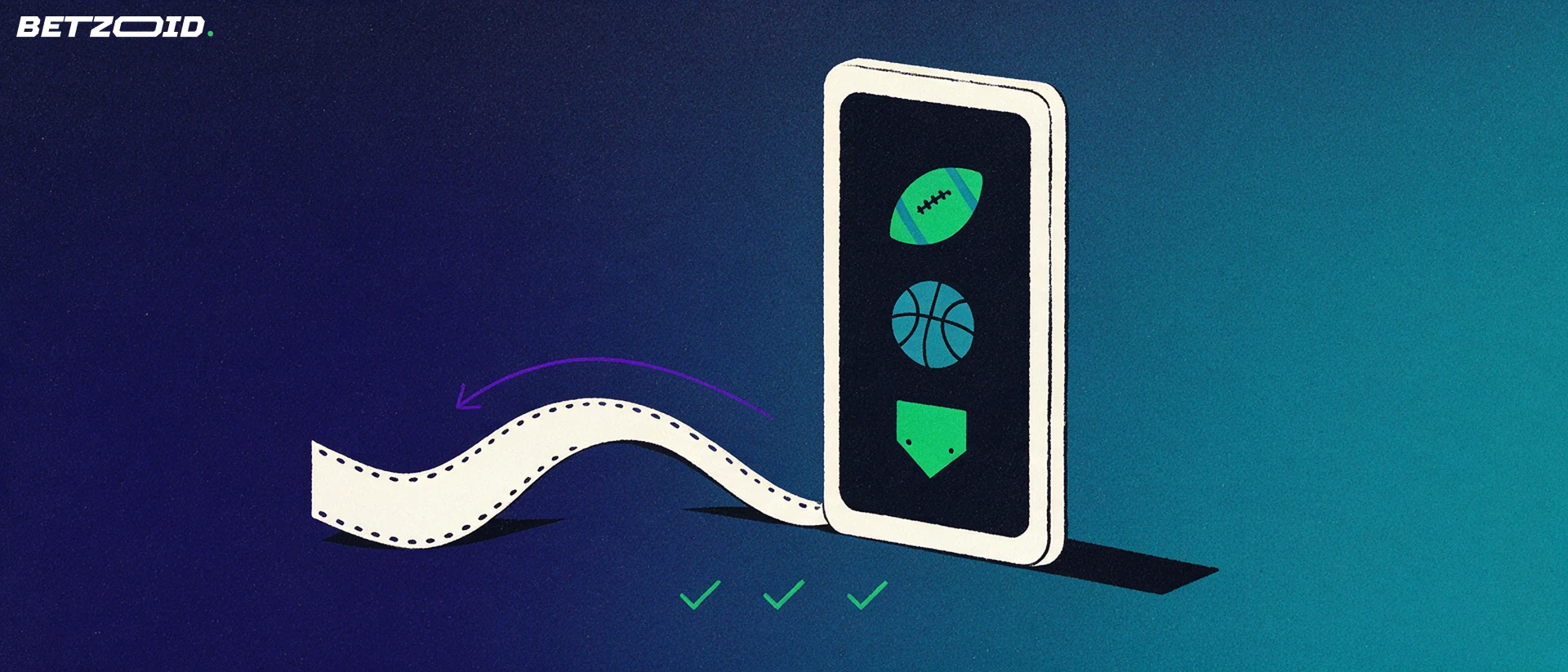 Illustration of a smartphone showing simple sport icons with a long betting slip unfurling from it