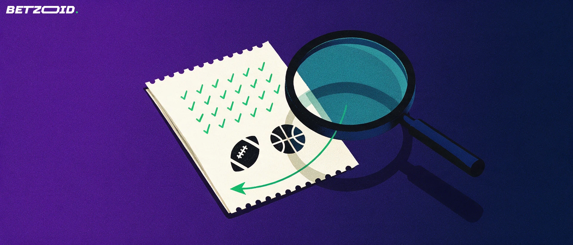 Illustration of a large magnifying glass examining a folded betting slip marked with sport symbols and tick marks