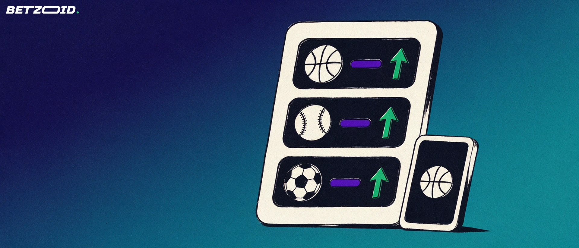 Illustration of a betting market board with basketball, baseball and soccer icons, upward arrows and a small phone showing a sports symbol.