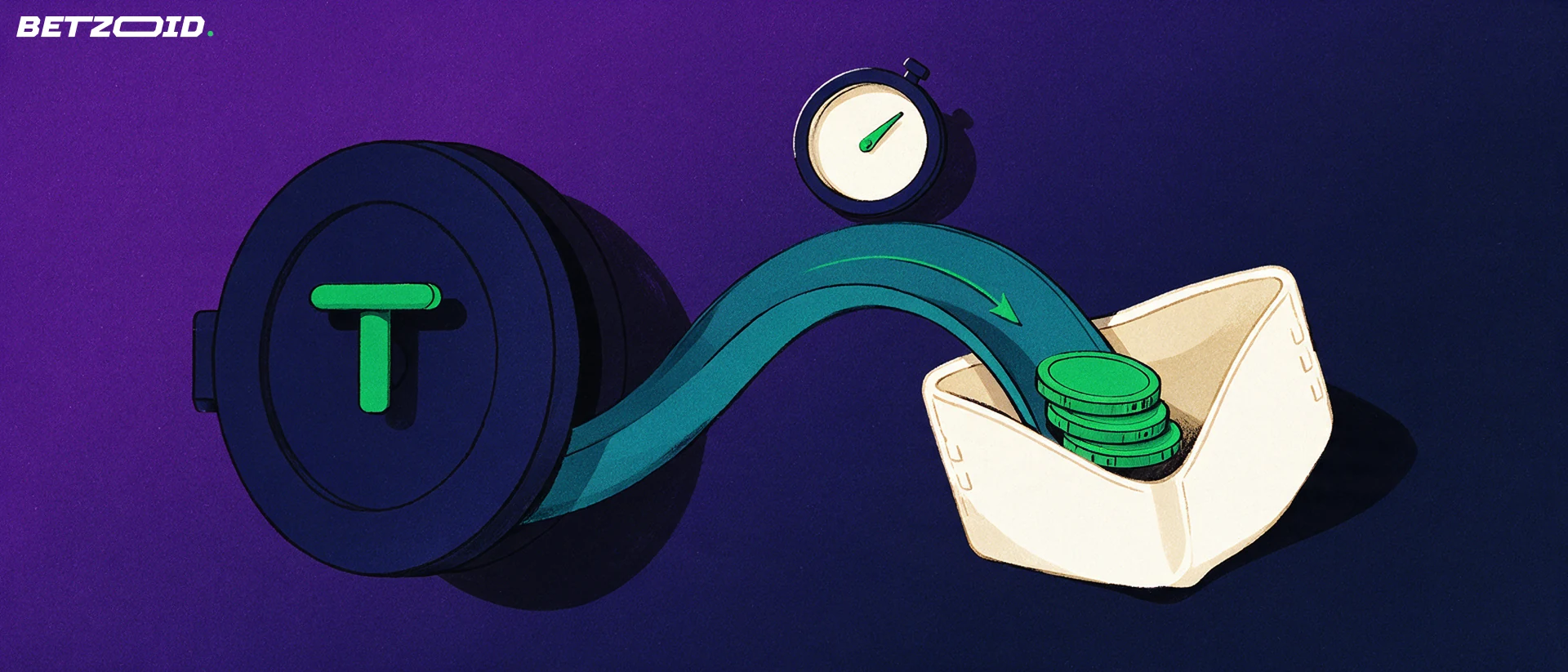 Illustration of a vault, a curved chute carrying a small stack of chips into an open wallet, with a stopwatch above.
