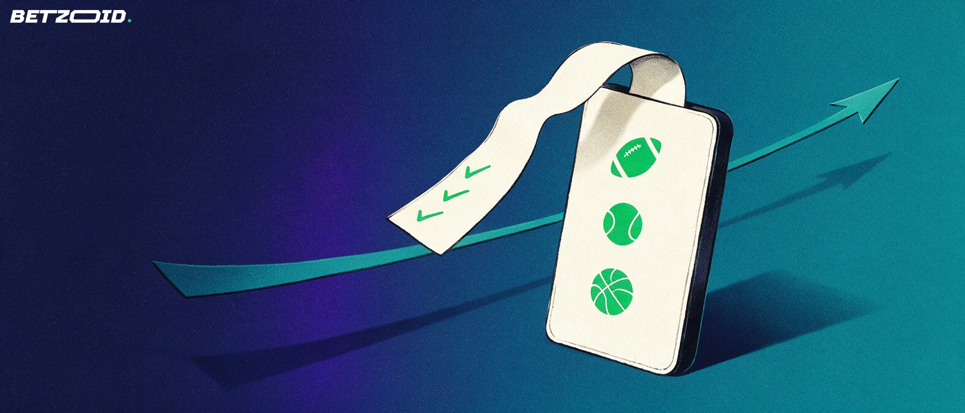 Illustration of a handheld device showing football, tennis and basketball symbols with a long paper betting slip curling out of it.