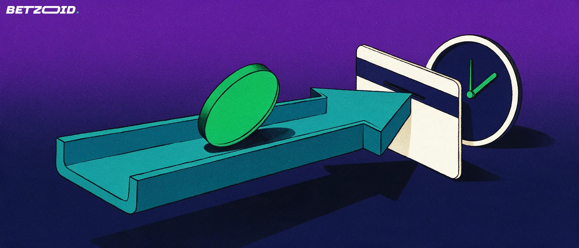 Illustration of a green token travelling along a teal arrow into a plain bank card, with a small clock behind it.