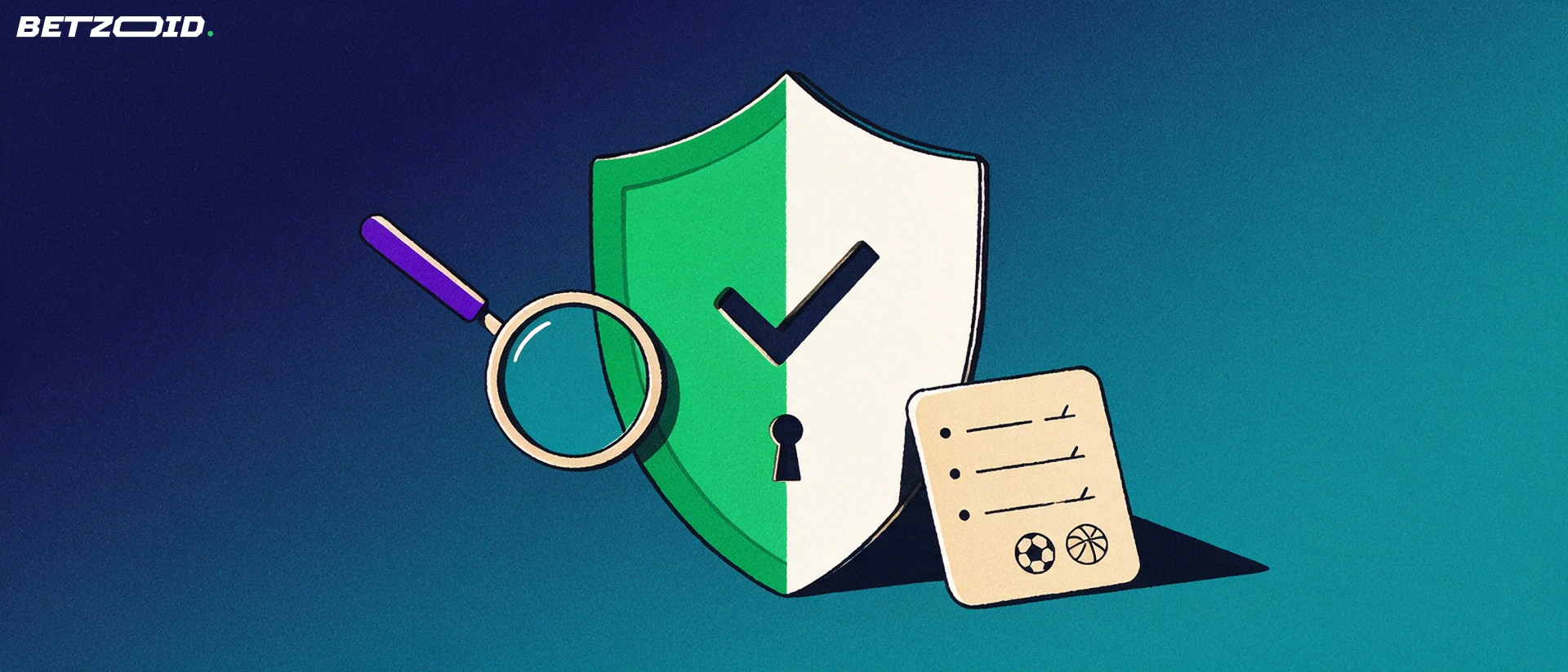 Illustration of a large shield with a checkmark beside a betting slip and a magnifying glass, symbolising a bookmaker legitimacy check