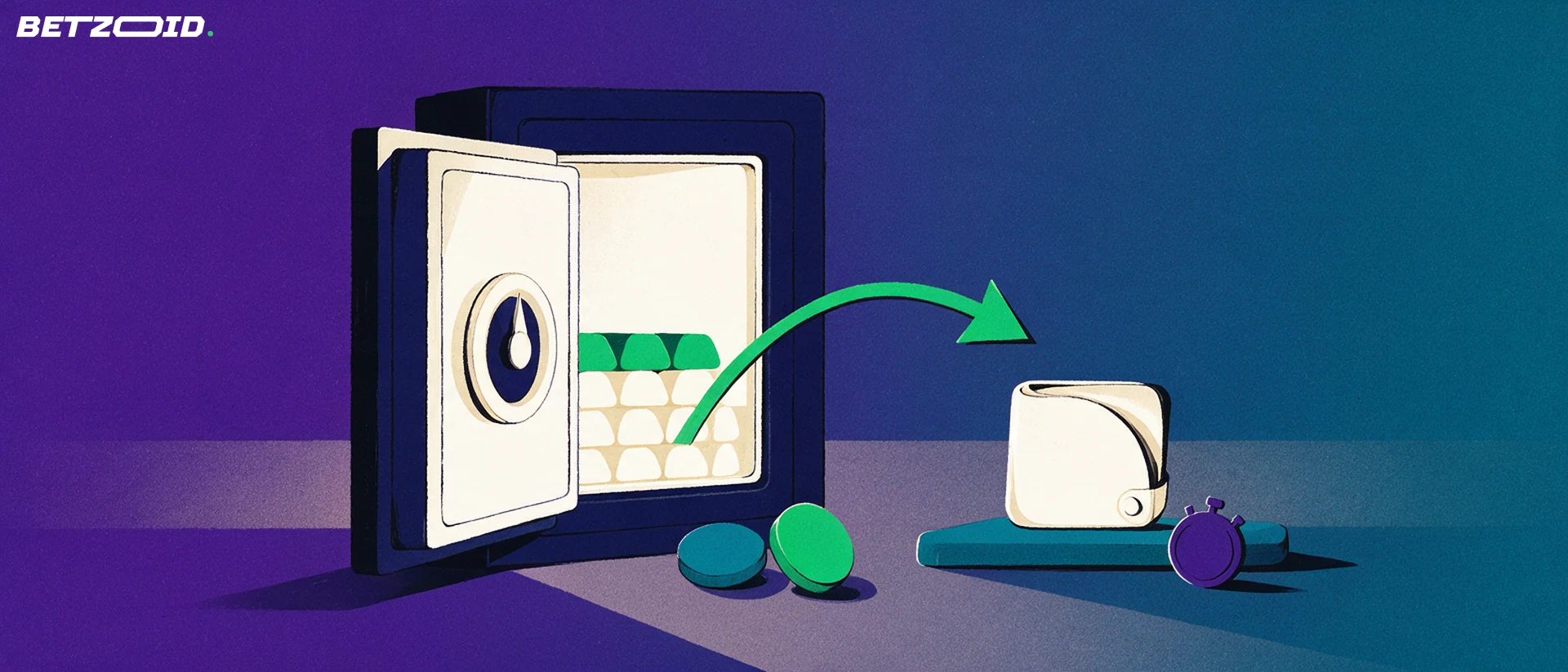 Illustration of an open vault with a green arrow curving toward a wallet and a stopwatch, representing betting withdrawals and payout speed
