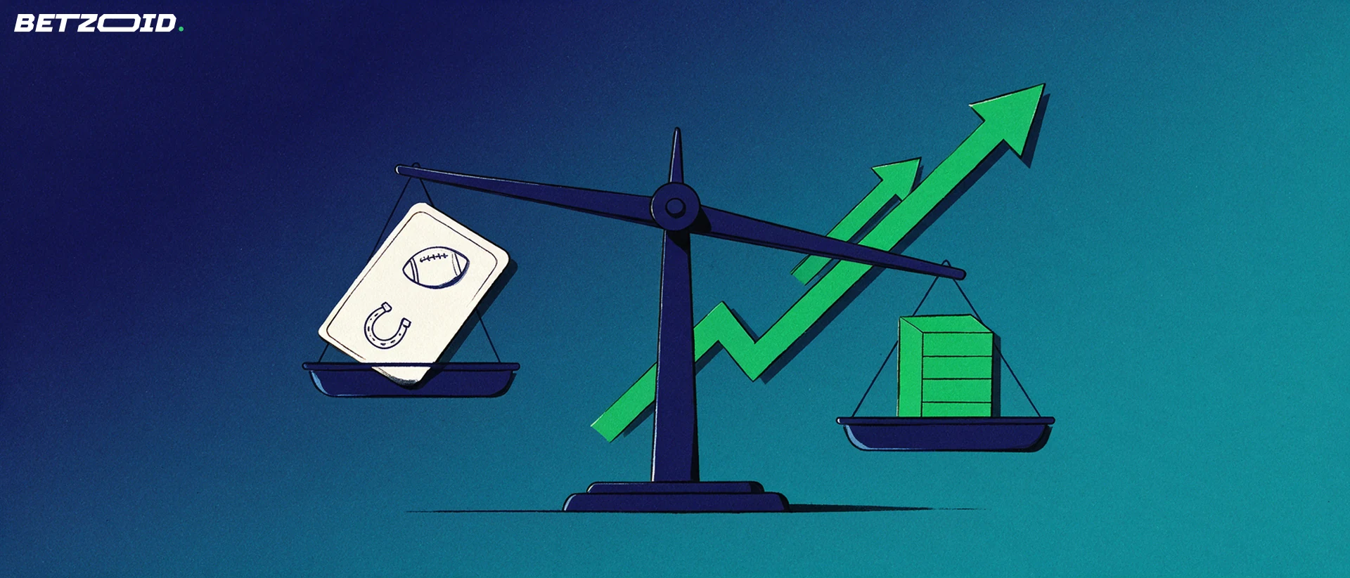 Illustration of a balance scale weighing a sports betting slip against a green bar-chart block with rising arrows behind it