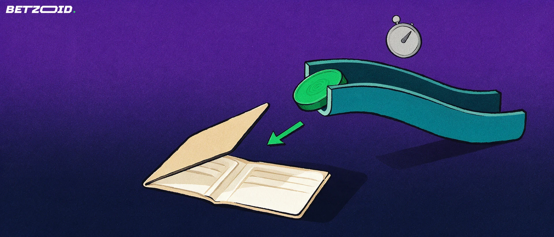 Illustration of a chute delivering a single token into an open wallet beside a plain stopwatch, representing betting payouts and withdrawal speed