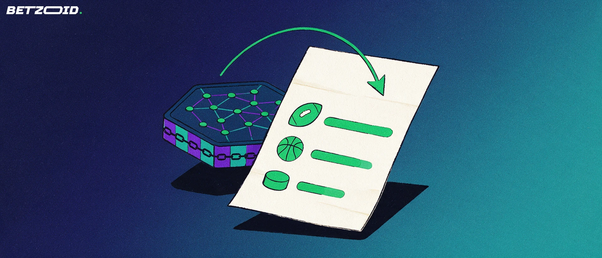 Illustration of a betting slip with sport symbols and odds bars beside a hexagonal digital token marked with chain-link nodes.
