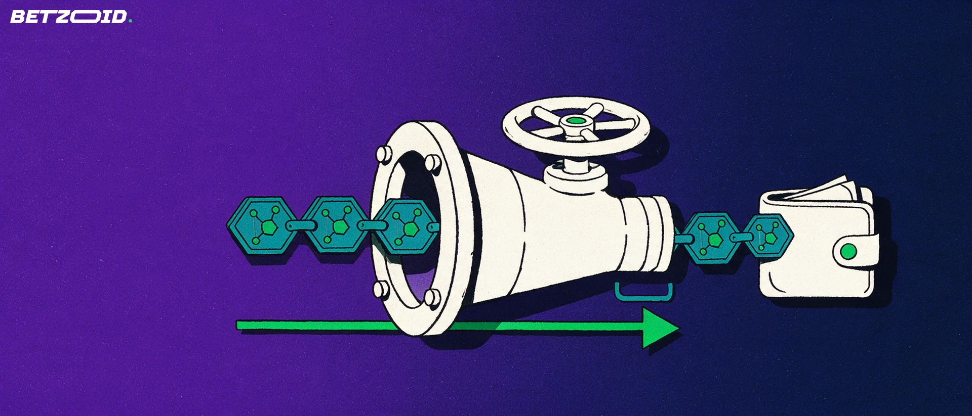 Illustration of hexagonal digital tokens passing through a valve gate along an arrow toward a closed wallet, representing payout conditions.