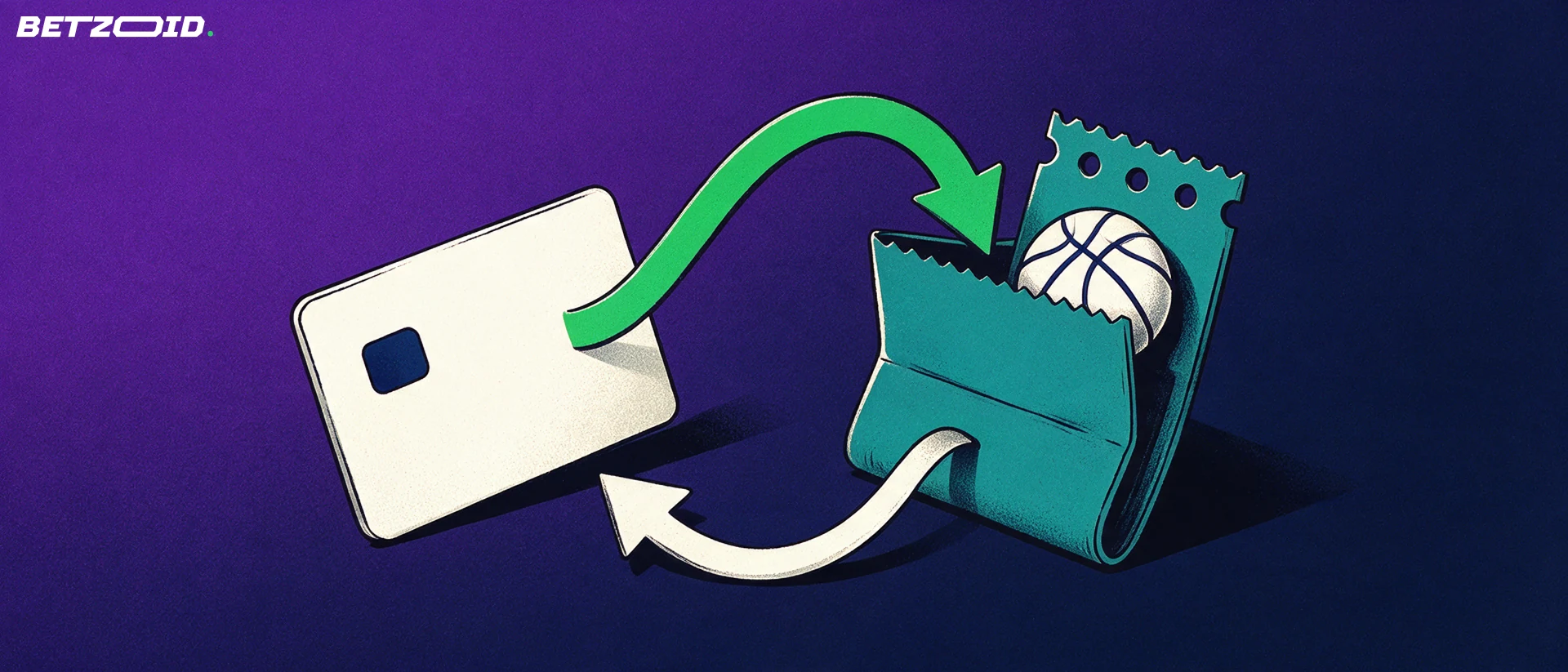 Illustration of a plain payment card and a ticket-shaped wallet linked by two curved arrows showing money moving in and out, with a small basketball symbol.