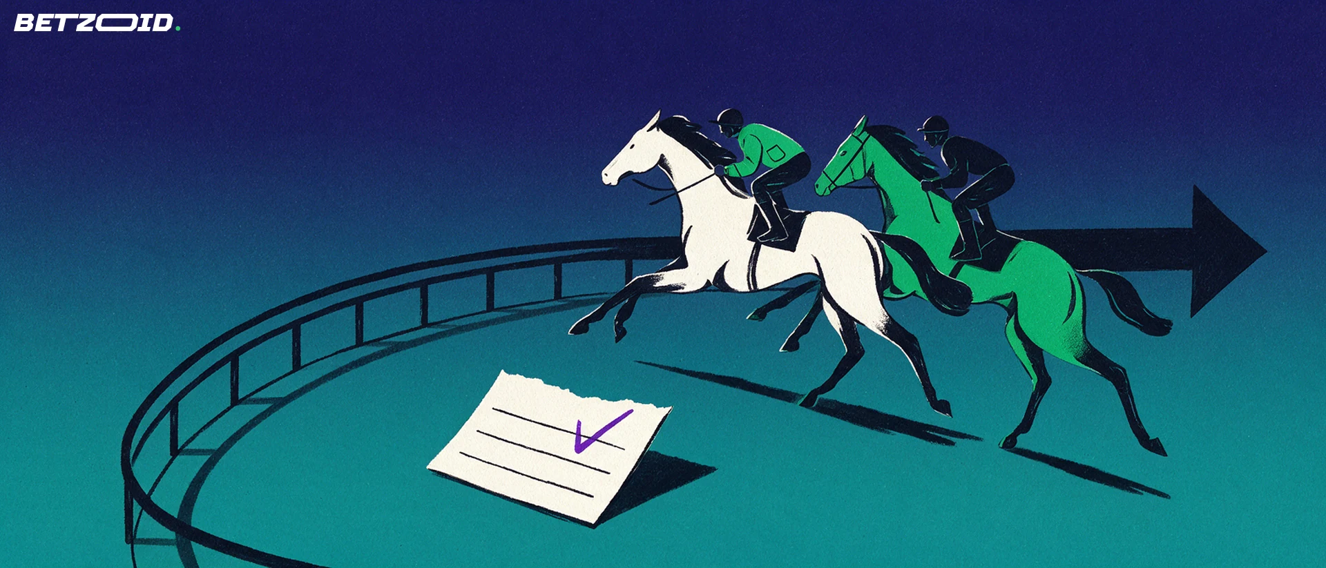 Illustration of two racehorses with jockeys running along a curved track rail beside a blank wagering slip and a sweeping arrow.