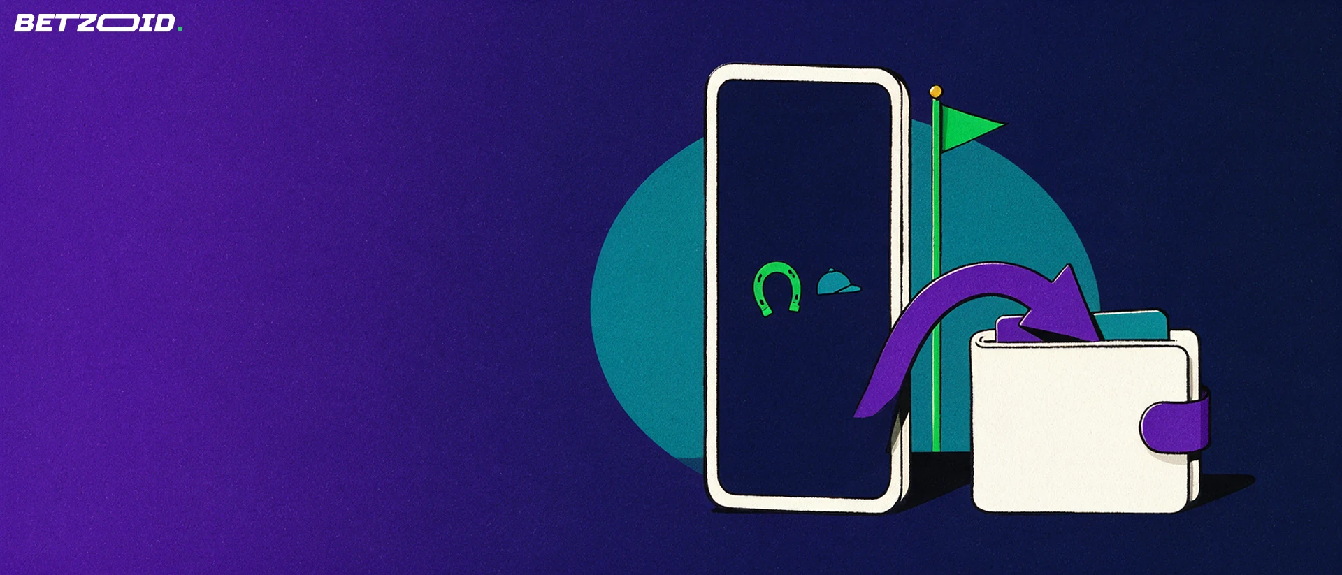 Illustration of a smartphone showing a horseshoe and jockey helmet symbol with an arrow curving toward a simple wallet.