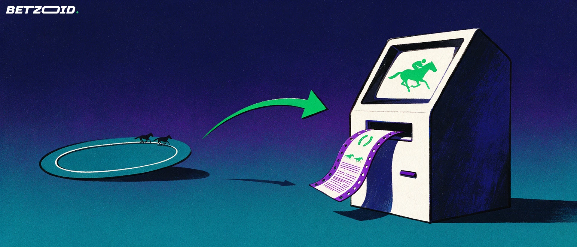 Illustration of a self-service betting kiosk printing a wager slip, linked by an arrow to a distant stylised racetrack oval with horse silhouettes.
