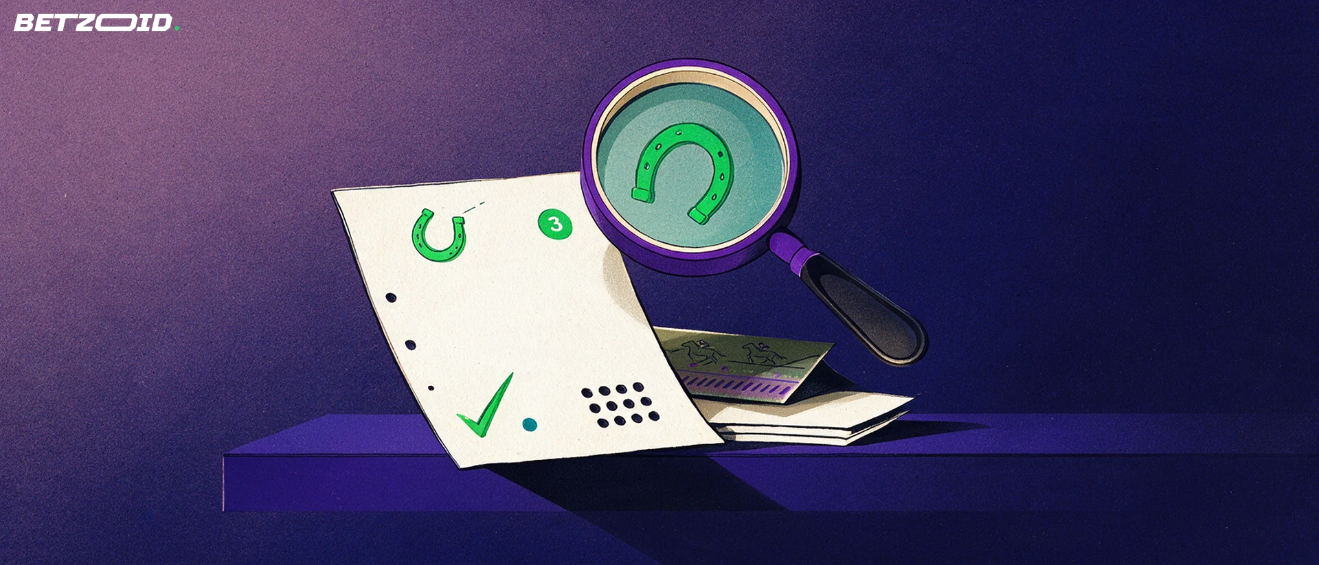 Illustration of a magnifying glass inspecting a paper horse-racing betting slip marked with a horseshoe and horse icons, beside a folded form guide.