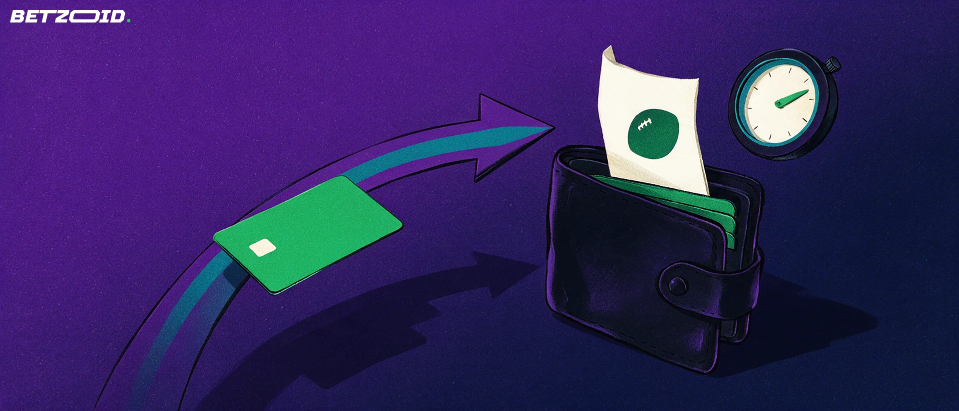 Illustration of an unbranded bank card moving along an arrow into an open wallet holding a betting stub with a football symbol, next to a stopwatch.