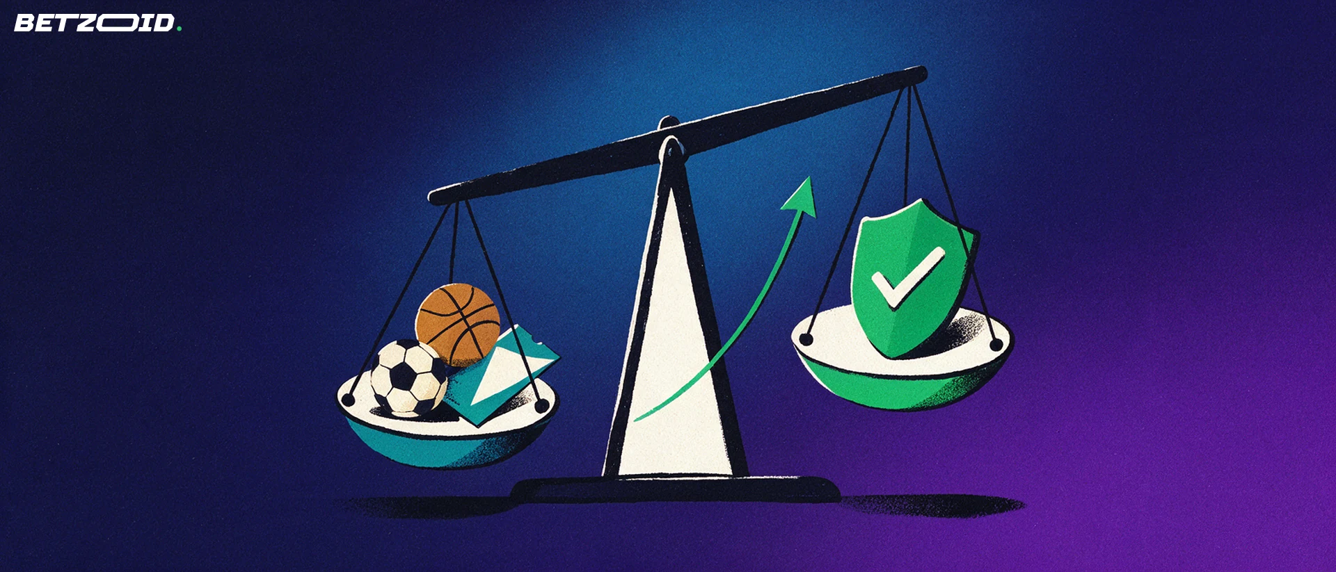 Illustration of a balance scale weighing a soccer ball and basketball on one pan against a shield with a checkmark on the other.