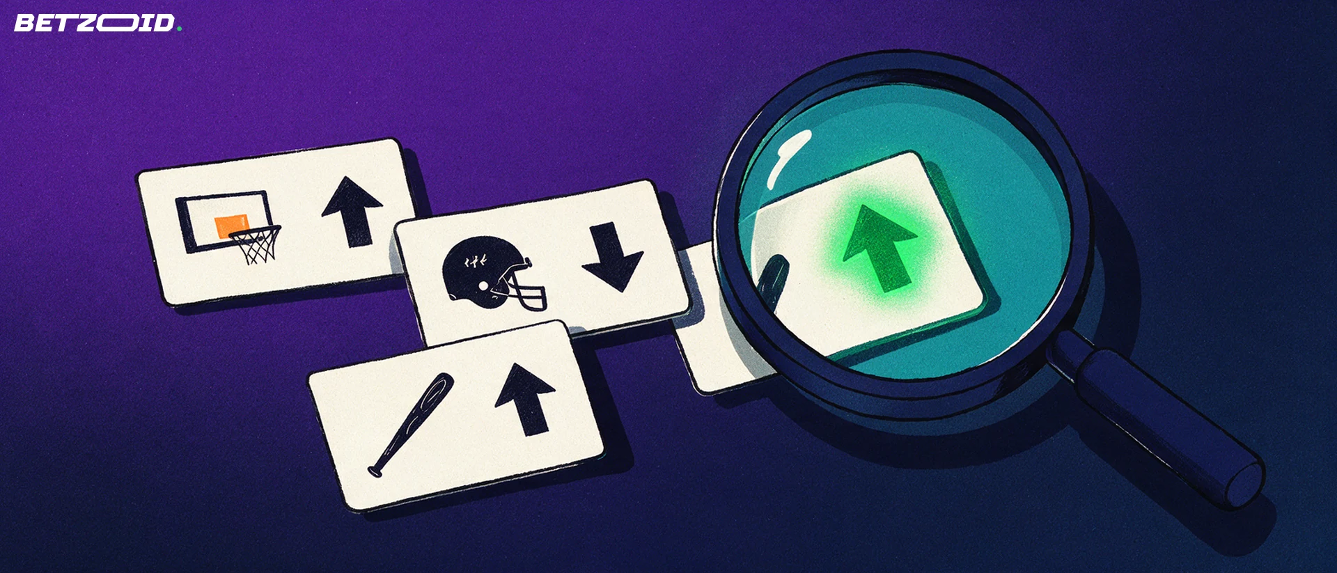 Illustration of a magnifying glass examining a stack of sports pick cards marked with up and down arrows