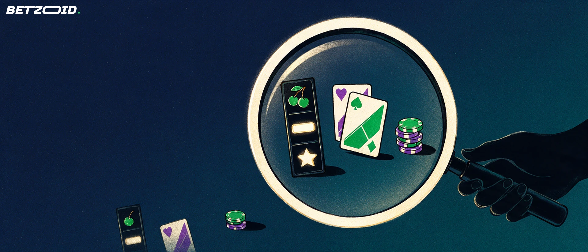 Illustration of a magnifying glass enlarging a slot reel strip, playing cards and casino chips