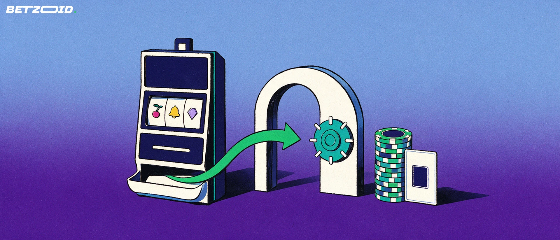 Illustration of a slot machine cabinet with a green arrow curving through a vault door to chips and a plain payment card