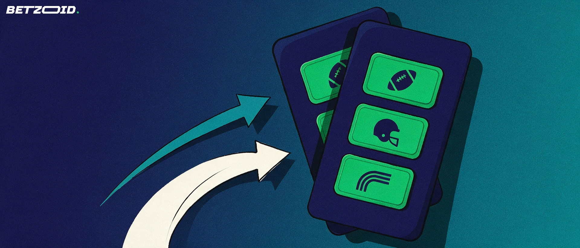 Illustration of a large betting slip with simple sport symbols and two curved arrows adding selections.