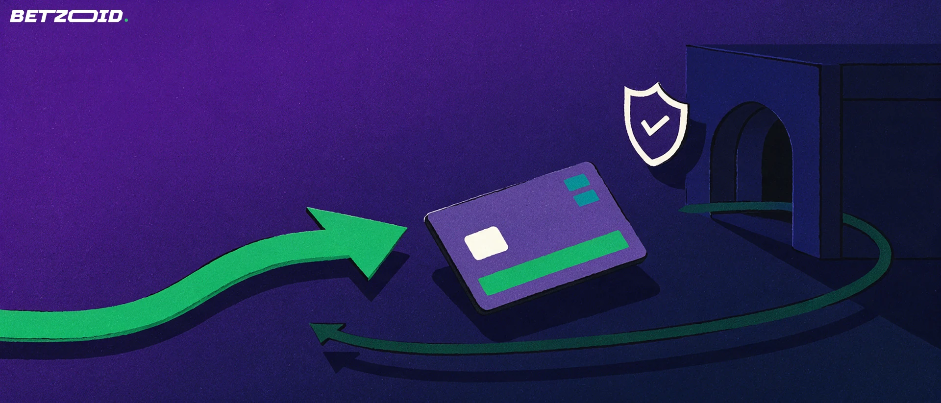 Illustration of a bank card travelling along an arrow into a vault slot beside a shield with a checkmark.