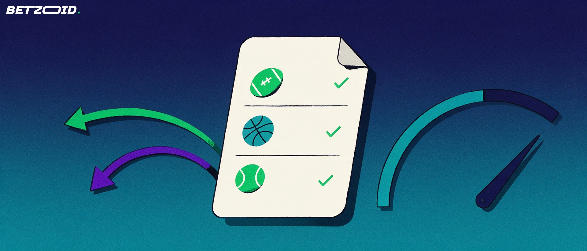 Illustration of a large sports betting slip with football, basketball and tennis symbols between rising and falling arrows and a small gauge