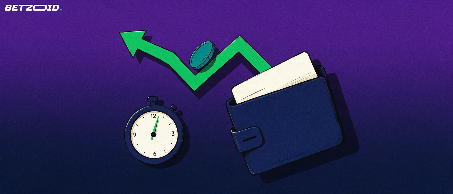 Illustration of a wallet with a green chevron arrow carrying a coin away from it beside an upright stopwatch, showing fast payouts