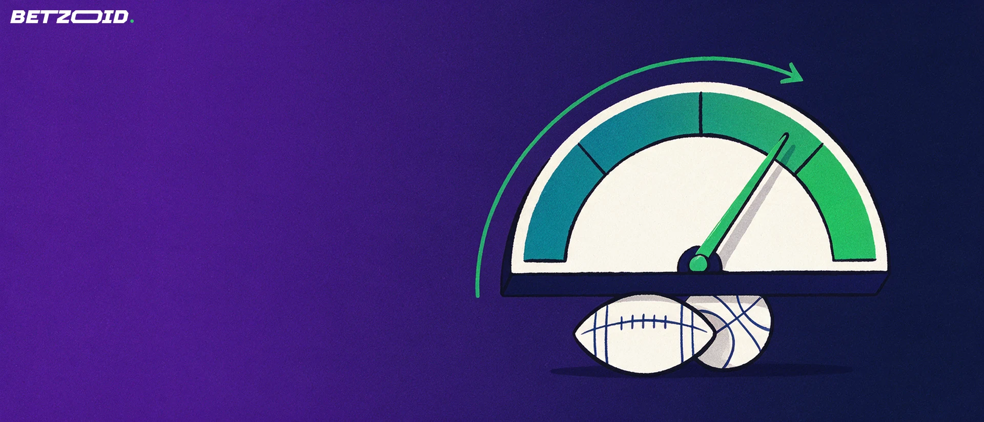 Illustration of a large arc gauge with a rising needle beside an American football and basketball, suggesting a scaling sports betting payout.