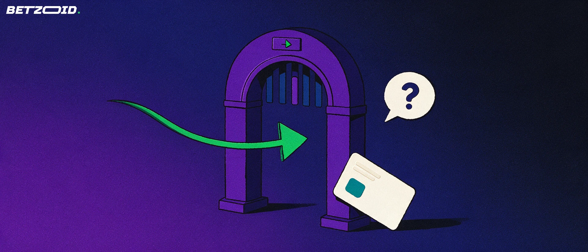 Illustration of an arched gateway with a curving green arrow passing through, a plain payment card and a question-mark speech bubble.