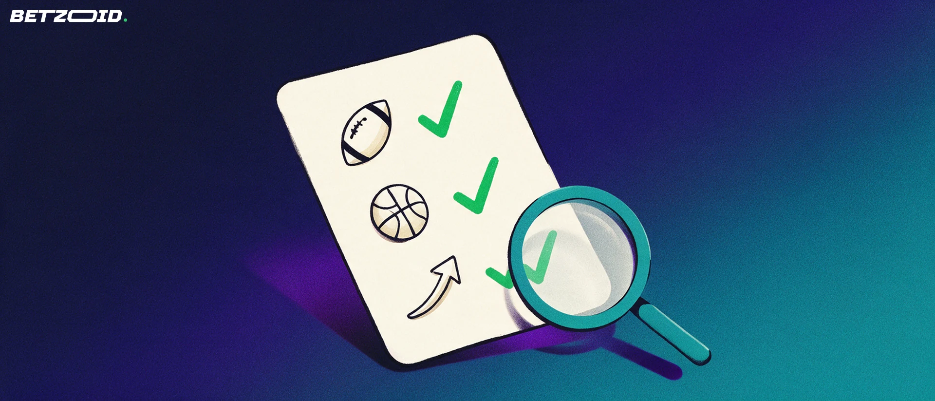 Illustration of a tilted betting slip card with sport icons and green check marks, examined by a large magnifying glass.