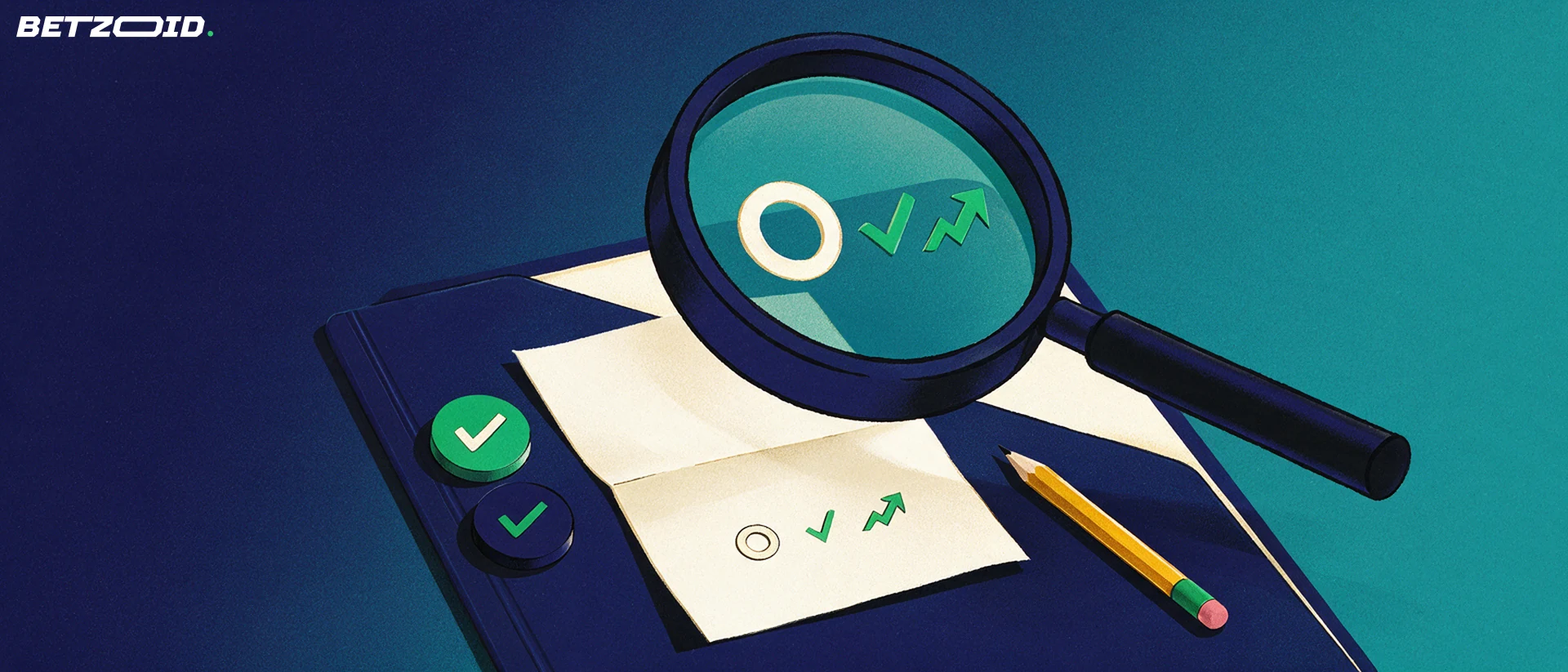 Illustration of a magnifying glass enlarging the markings on a paper betting slip beside checkmark tokens and a pencil.