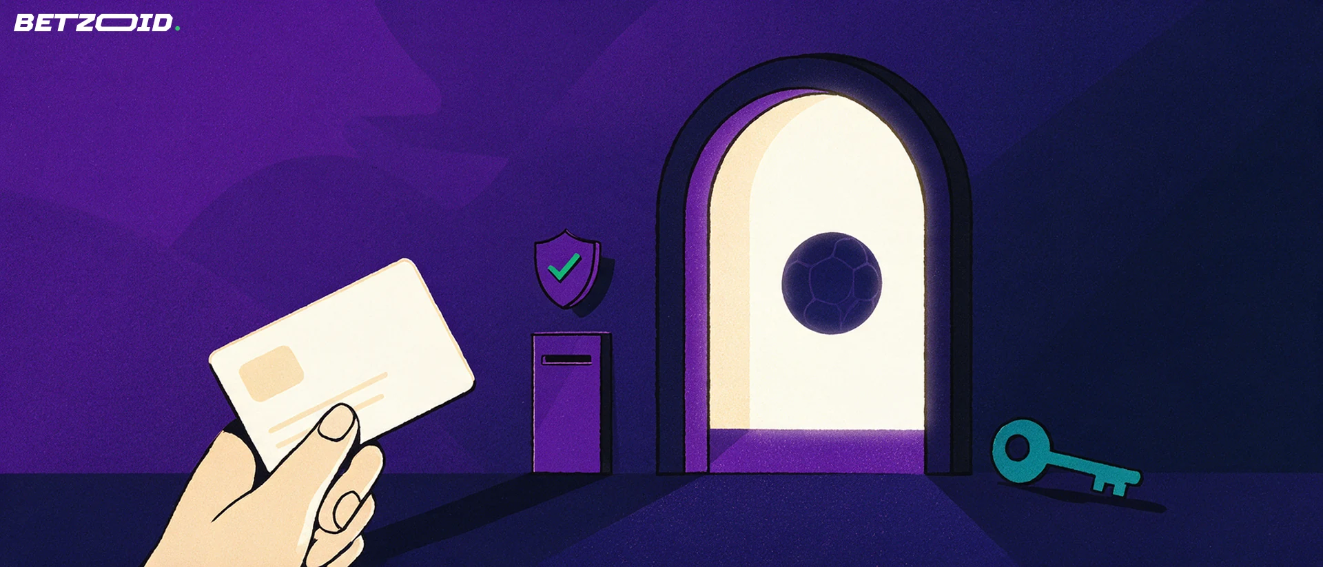 Illustration of a hand inserting a blank membership card into a slot beside an arched gateway with a green tick shield and a ball shape.