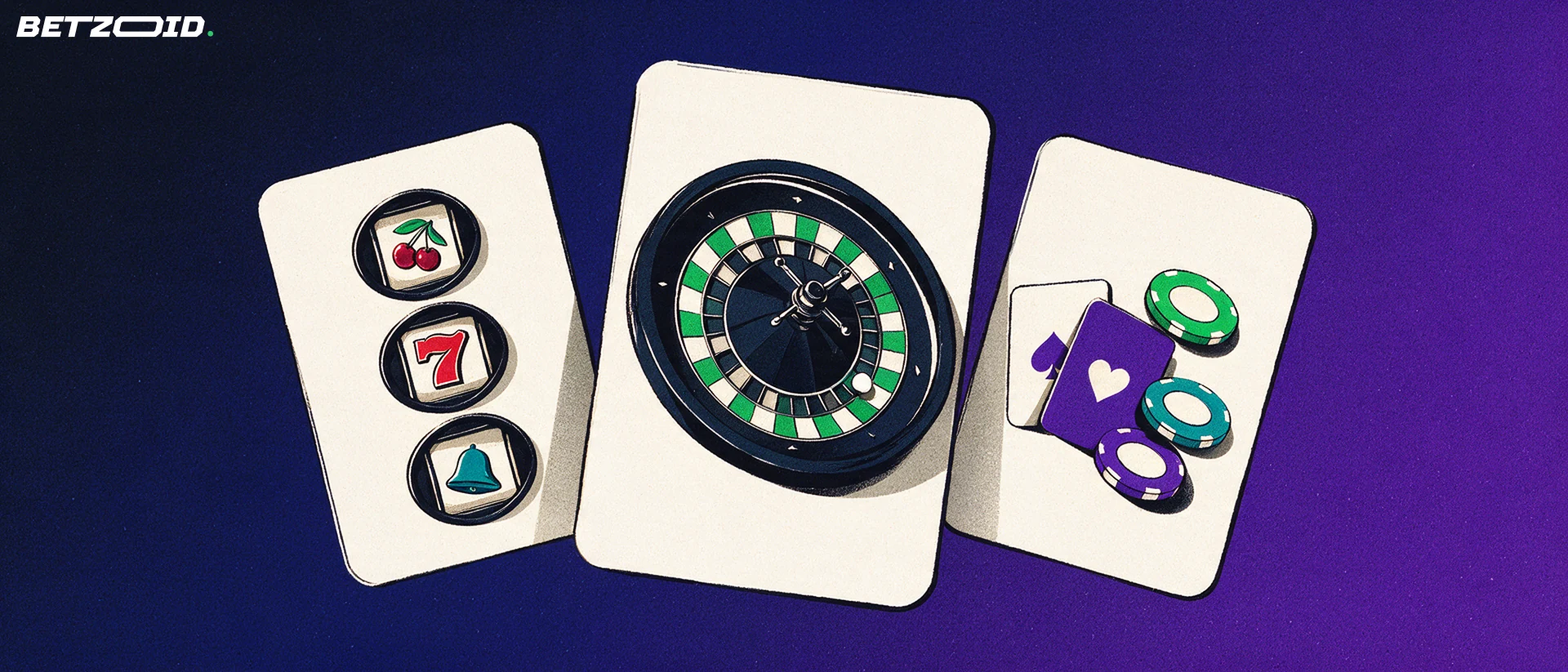 Illustration of three floating cards showing slot reel symbols, a roulette wheel and playing cards with casino chips.