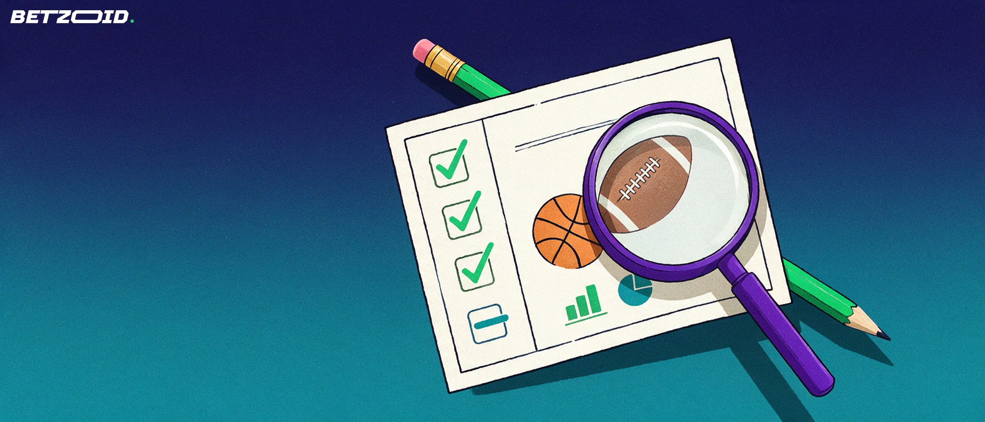 Illustration of a large magnifying glass examining a betting slip marked with check marks and small football and basketball symbols.